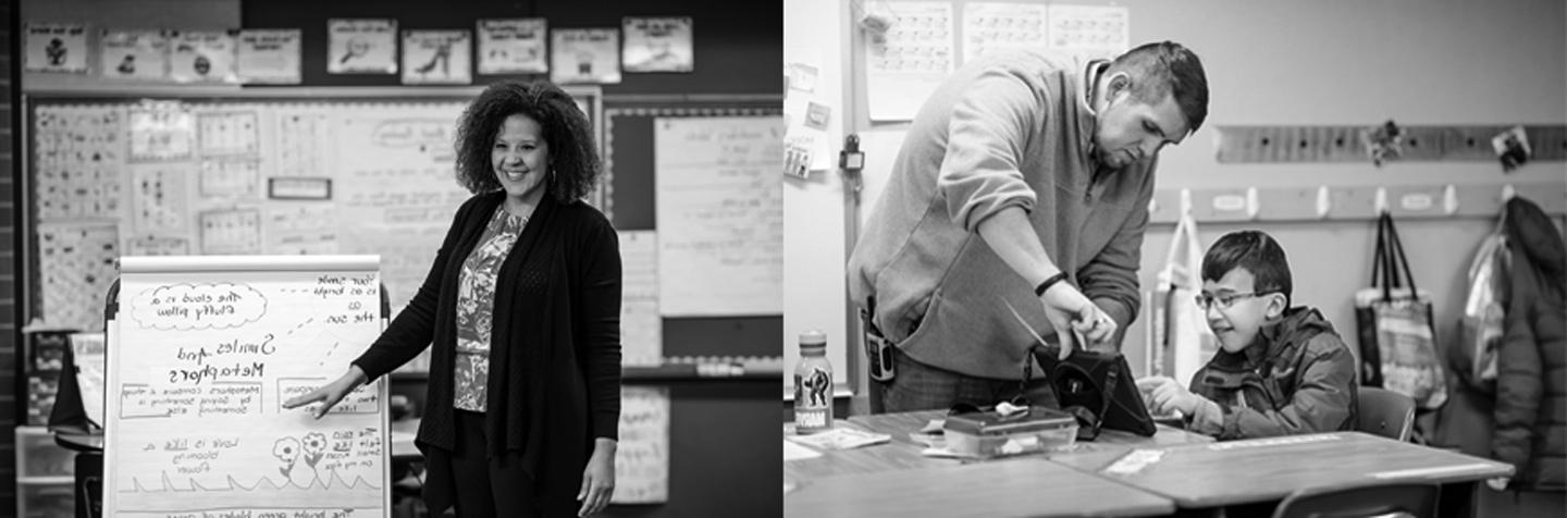 Hero image consisting of two photos of student teachers teaching in a classroom.